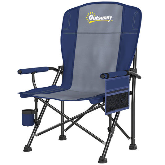 Outsunny Padded Camping Chair in dark blue with grey mesh sides and a cup holder