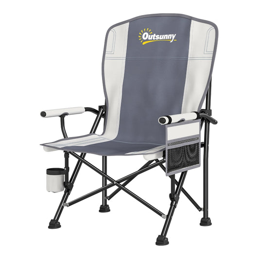 Outsunny Padded Camping Chair in light grey with white and grey panels, a cup holder and side pocket