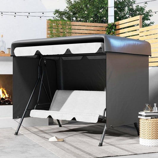 The outdoor furniture cover is shown protecting a swing chair bench in a garden setting
