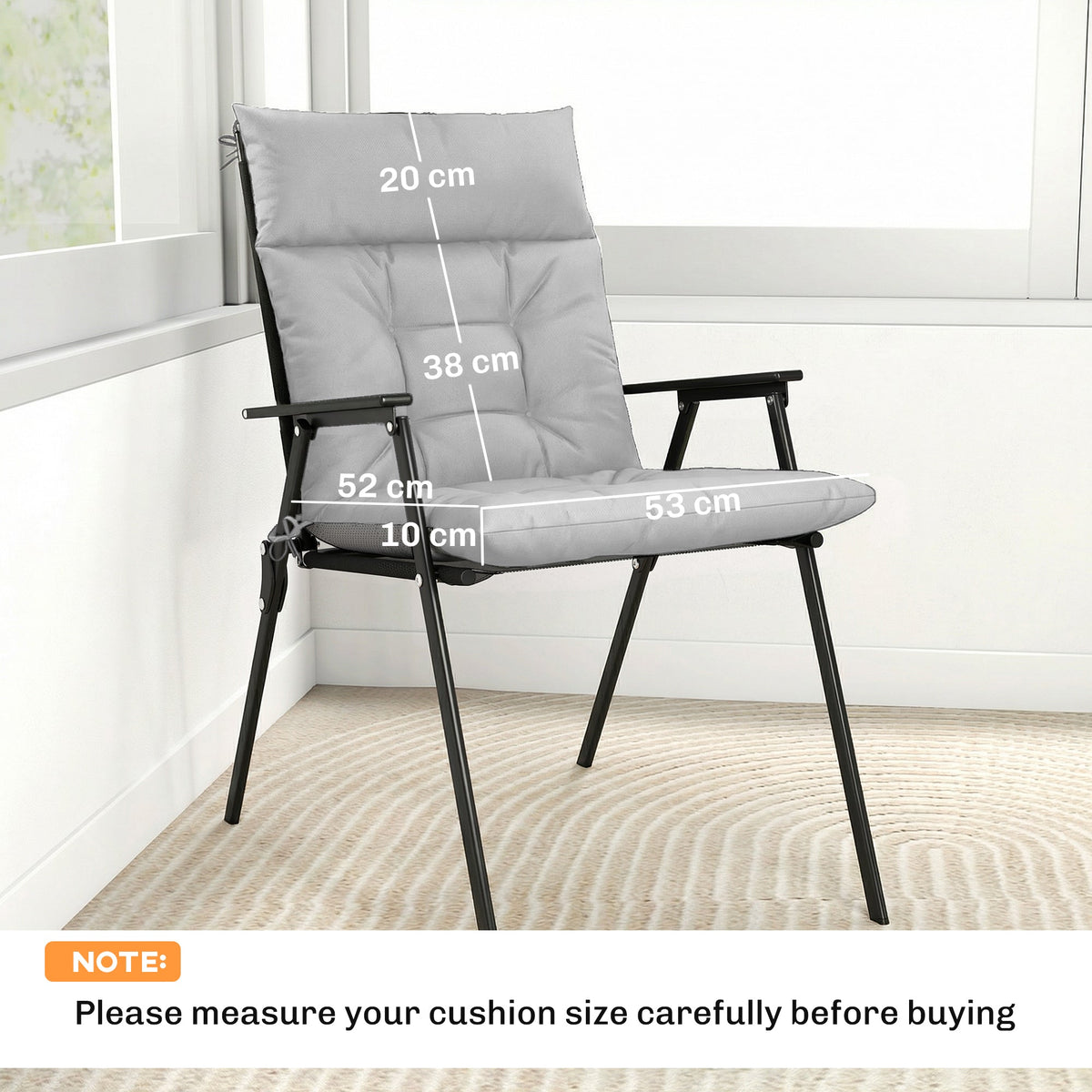 Light grey lounge chair cushions with dimensions shown for size comparison