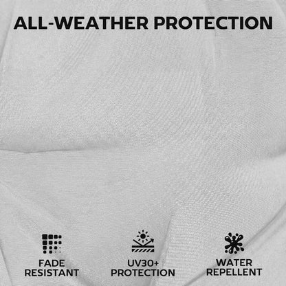 Close up of light grey cushion fabric showing fade resistant and water repellent icons