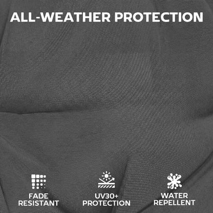 Close up of dark grey patio chair cushions showing fade resistant and water repellent texture