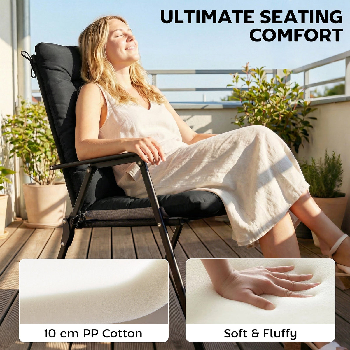 The lounge chair cushions being used by a woman relaxing on a balcony in the sun