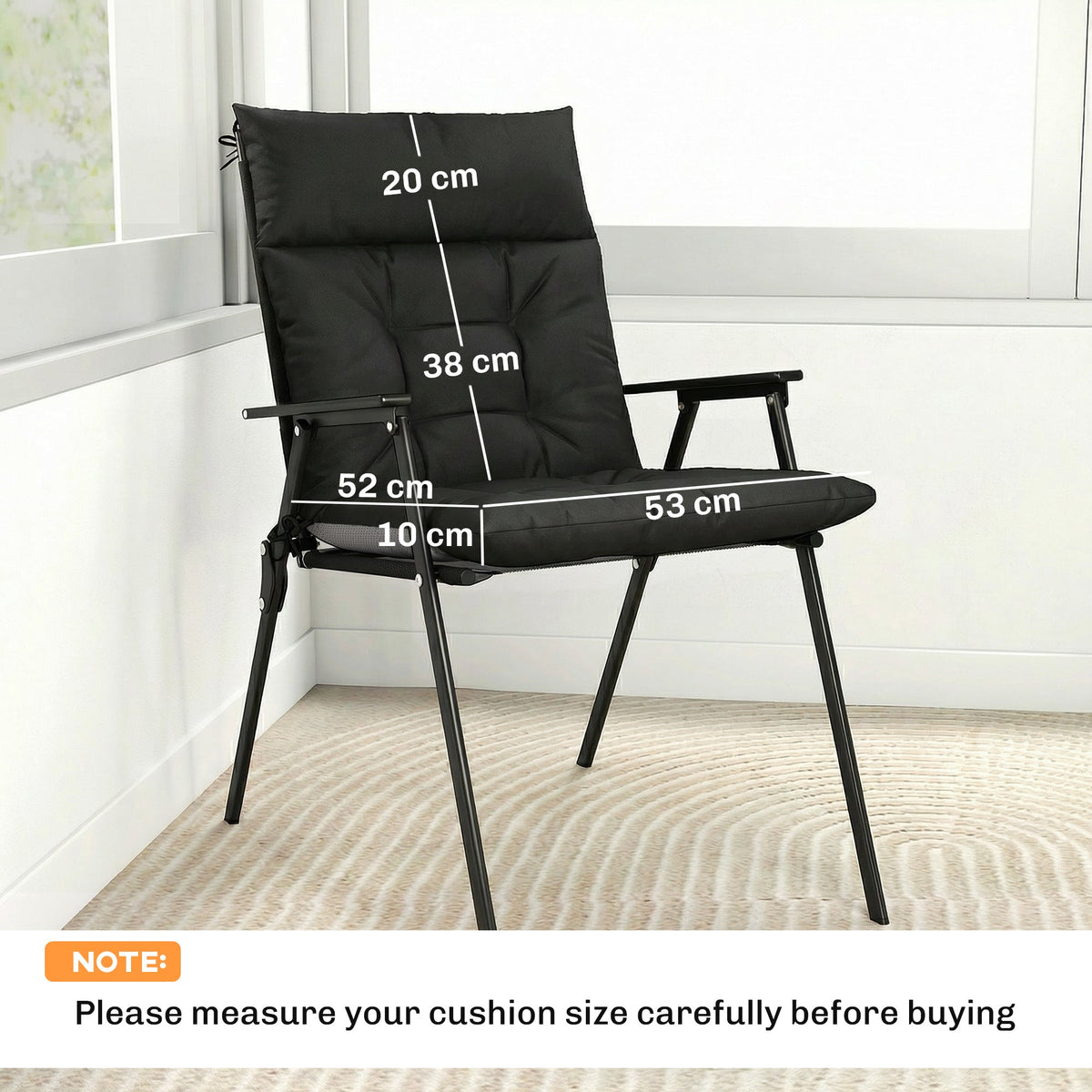 The garden chair cushions shown on a metal chair with white lines indicating dimensions