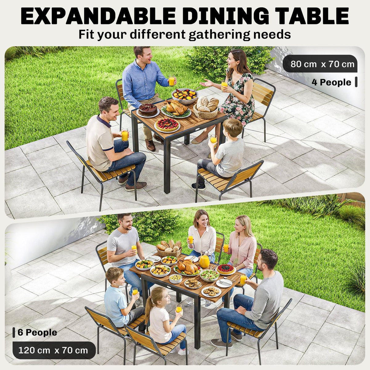 The expandable outdoor dining table shown in two sizes, seating four or six people