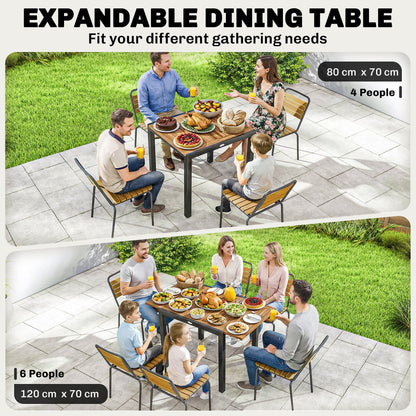 The expandable outdoor dining table shown in two sizes, seating four or six people