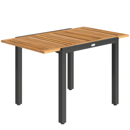Outsunny Patio Dining Table with natural wood top and black metal legs, shown in its compact form
