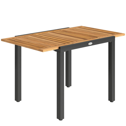 Outsunny Patio Dining Table with natural wood top and black metal legs, shown in its compact form
