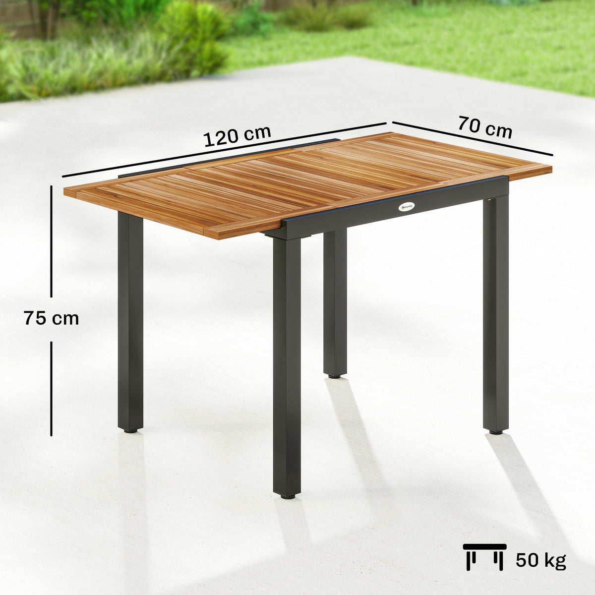 Dimensions of the expandable garden table shown with measurements for length and height