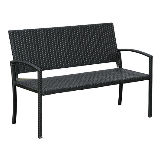 Outsunny 2 Seater Poly Rattan Garden Bench in black with a high backrest and curved armrests