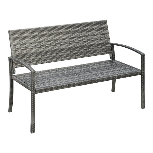 Outsunny 2 Seater Poly Rattan Garden Bench, a grey woven outdoor loveseat with a backrest and armrests