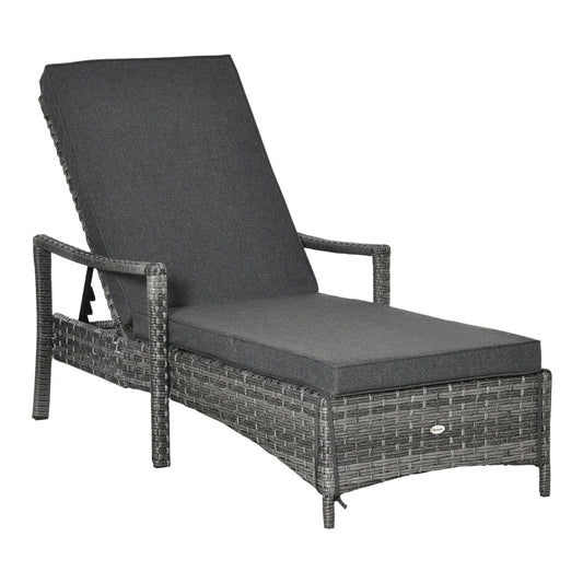 Outsunny Patio Rattan Sun Lounger with a grey cushion and an adjustable backrest on white background