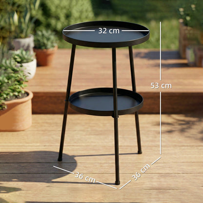 A black two-tier round coffee end table with dimensions shown