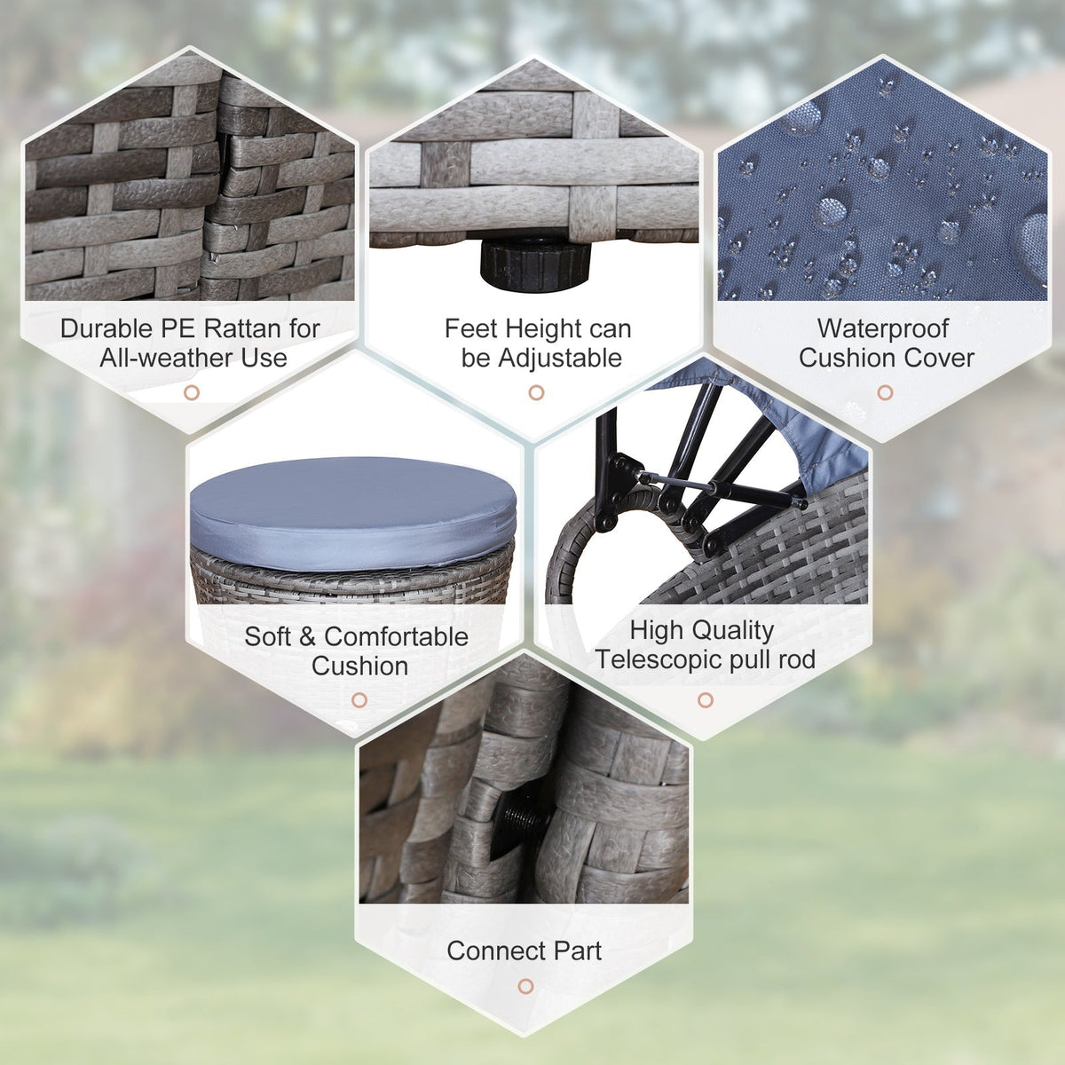 The rattan furniture highlighting construction details like adjustable feet and fabric