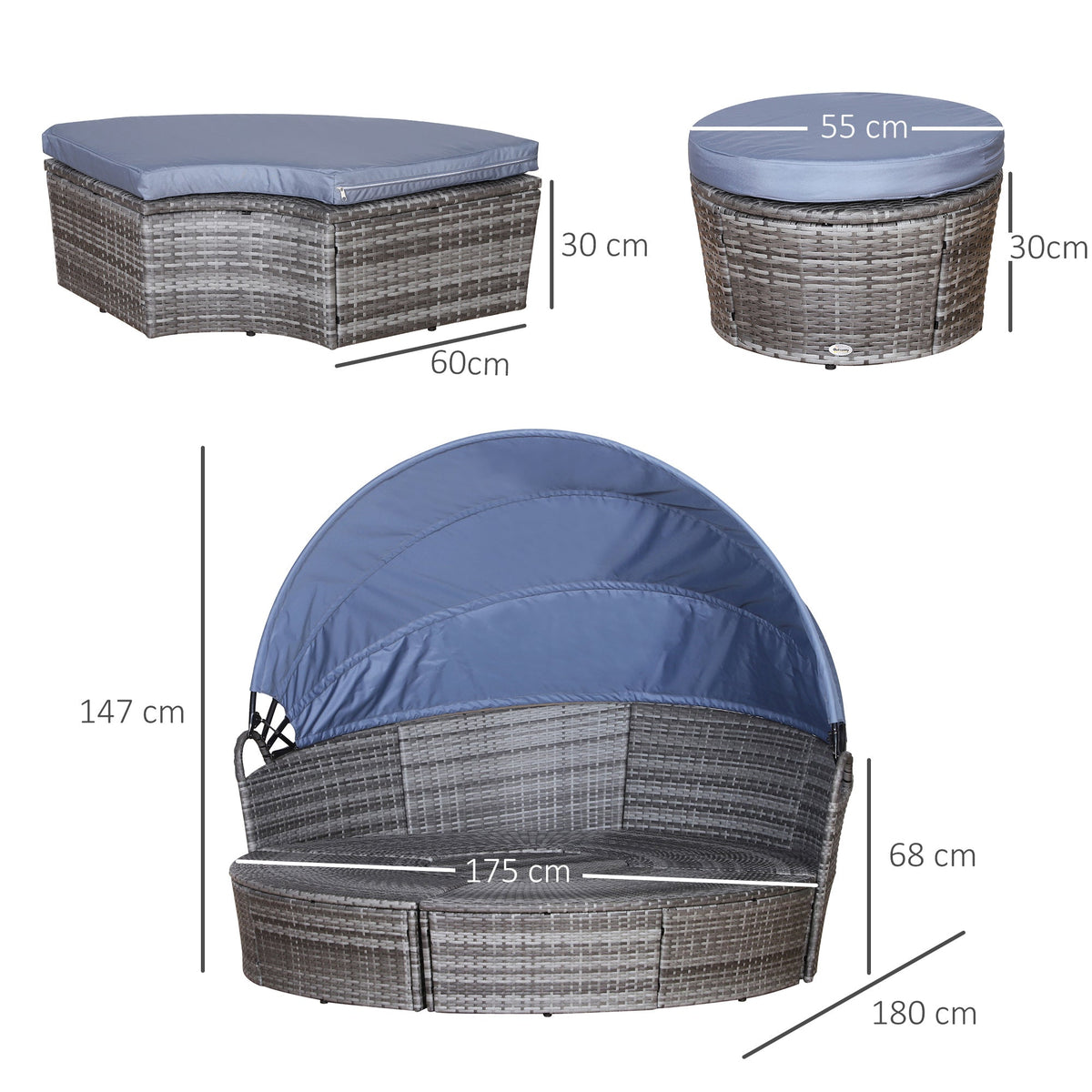 The rattan furniture showing dimensions for the daybed, table and seating sections