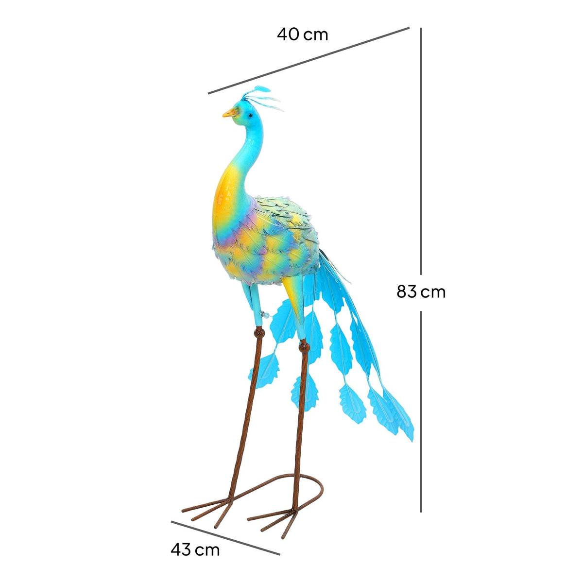 A metal peacock garden ornament with dimensions indicated