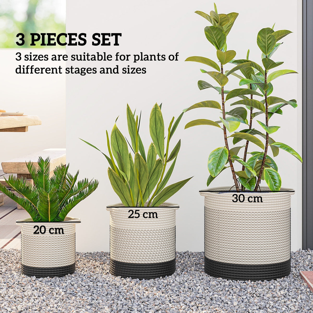 Three white and black woven cotton planters of different sizes suitable for plants
