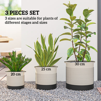 Three white and black woven cotton planters of different sizes suitable for plants
