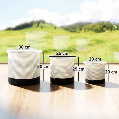 Size diagram showing three white woven cotton planters with black bases in white and black