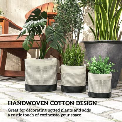 Close up of the handwoven cotton design of the white and black indoor planters