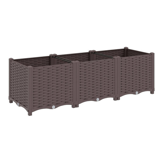 Outsunny Plastic Raised Garden Bed with Legs, a long brown planter with a woven texture on legs
