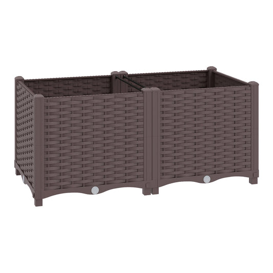 Outsunny Plastic Raised Garden Bed with Legs, a brown woven effect planter with legs, shown from the front