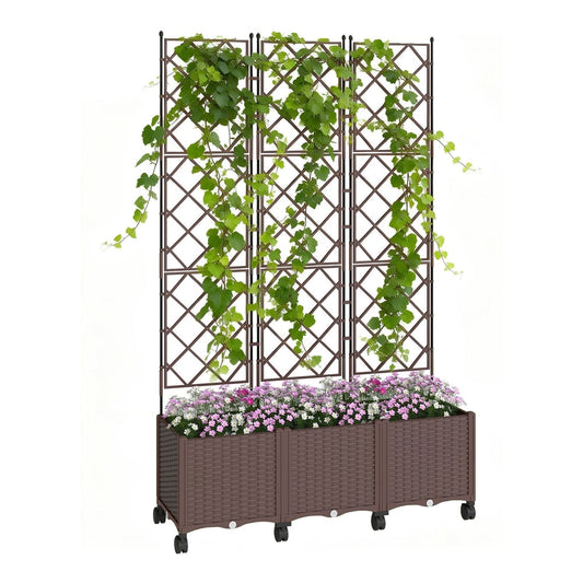 Outsunny Plastic Raised Planter with Trellis featuring a brown rectangular base with climbing vines