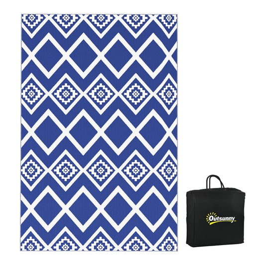 Outsunny Plastic Straw Reversible RV Outdoor Rug laid flat with a black carry bag beside it