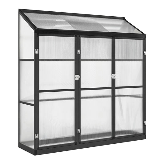 Outsunny Polycarbonate Greenhouse with 3 Hinged Doors, a lean-to design against a wall