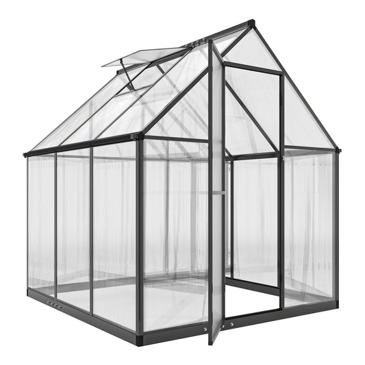Outsunny Polycarbonate Greenhouse with Swing Door and Adjustable Window, a black framed structure with clear panels