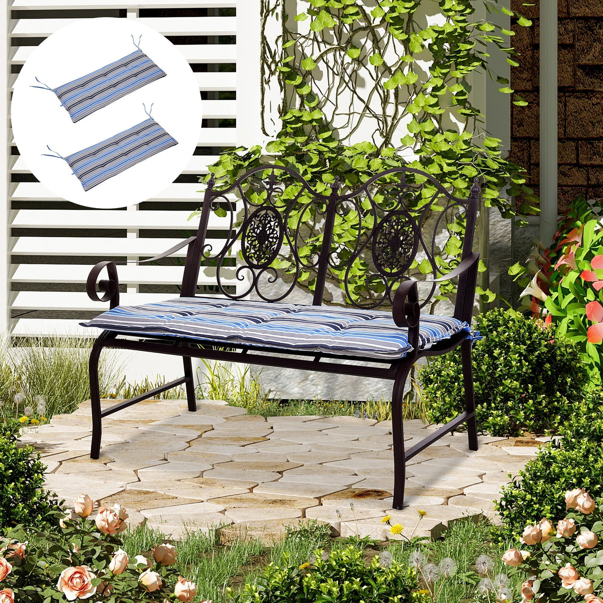 Two blue striped cushions on a garden bench