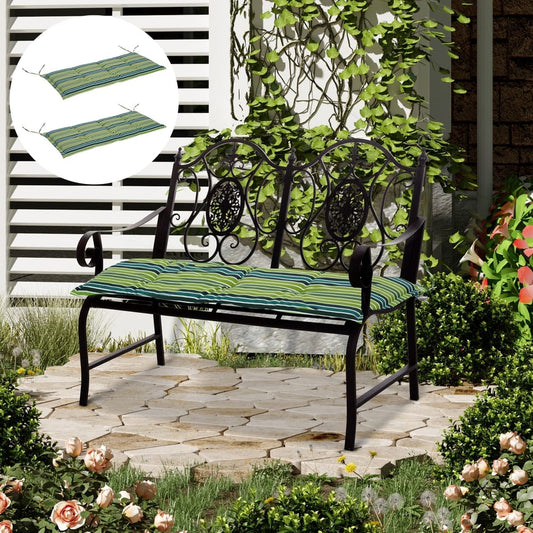Outsunny Polyester Set Of 2 Swing Chair Cushion placed on a black metal garden bench in a garden