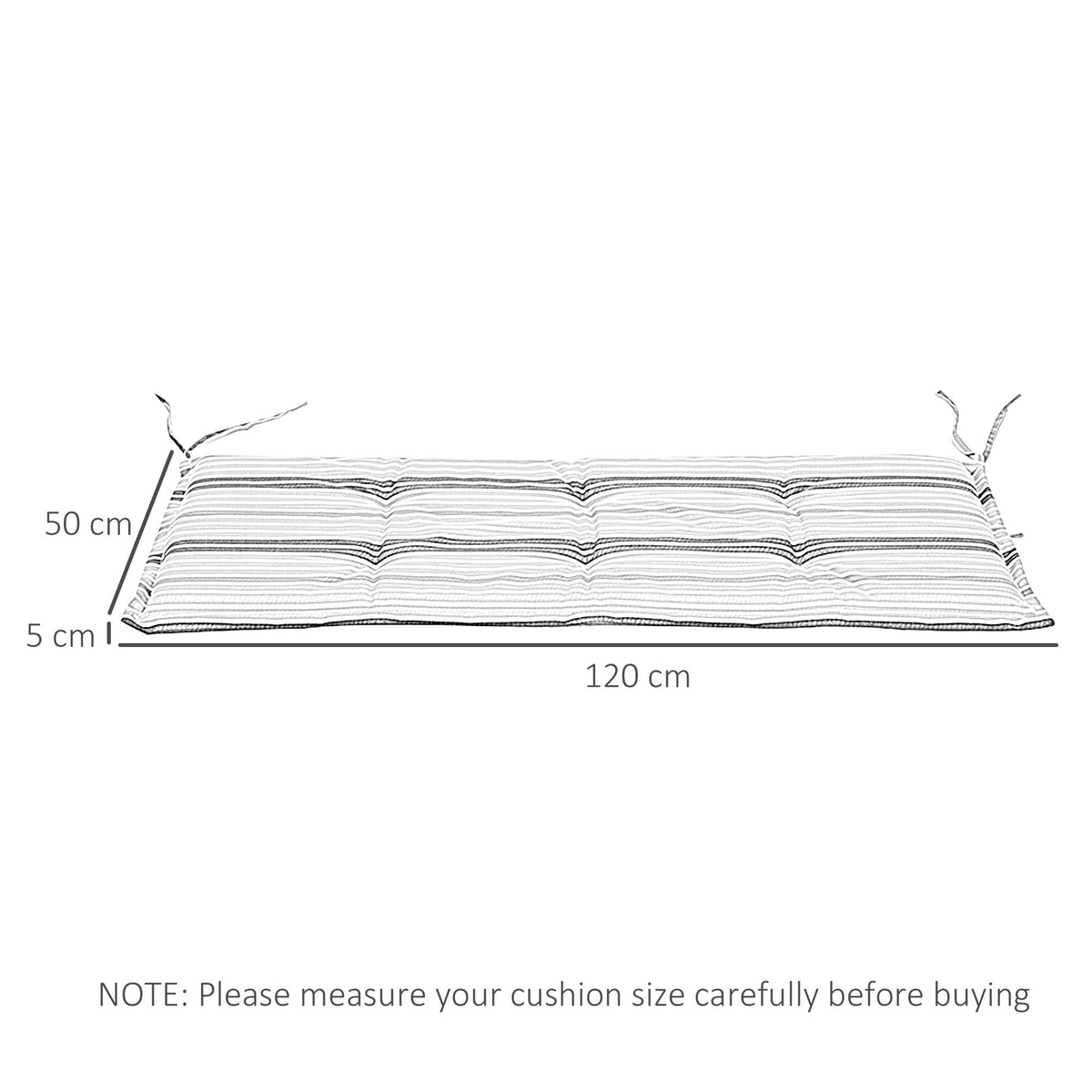 The garden cushions displayed with technical lines showing dimensions for length and width