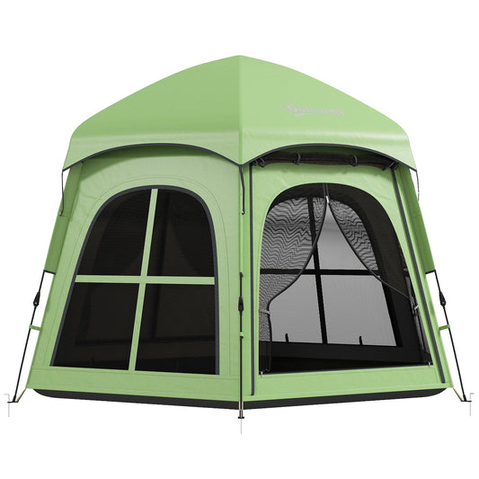 Outsunny Pop Up Tent a green six-sided camping tent with four windows and two doors