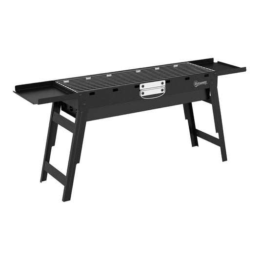 Outsunny Portable BBQ Grill, a black foldable charcoal grill with two side shelves