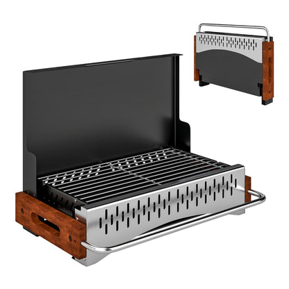 Outsunny Portable BBQ Grill, a black folding charcoal barbecue grill with wooden accents