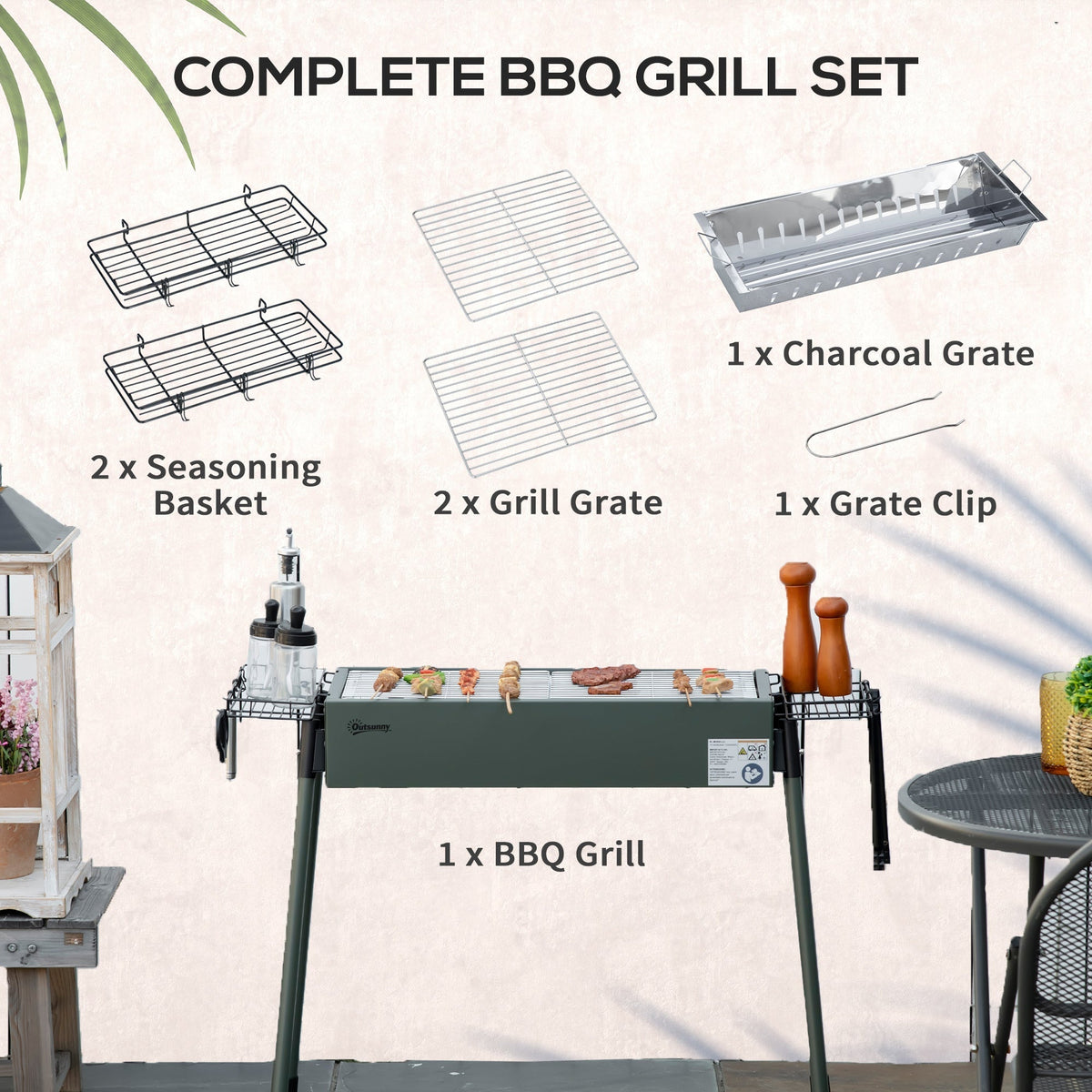 All the parts included with the portable charcoal barbecue grill laid out separately