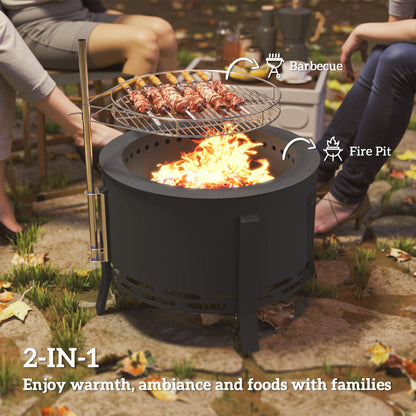 The fire pit being used for cooking skewers on the grill grate with a fire burning below