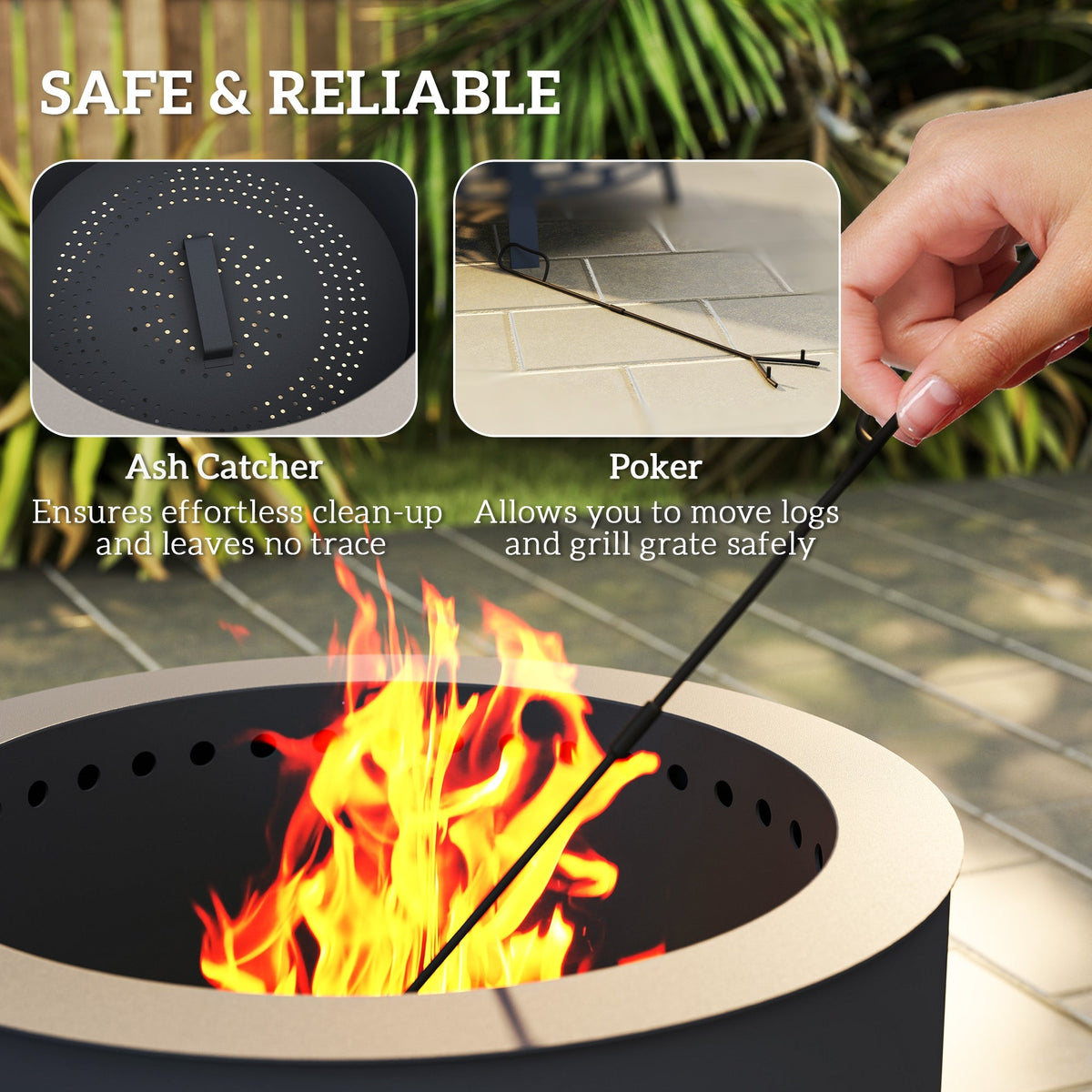The fire pit showing close-ups of the ash catcher and the poker tool in use