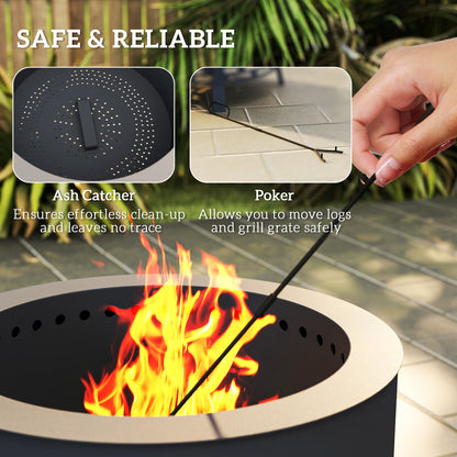 The fire pit showing close-ups of the ash catcher and the poker tool in use