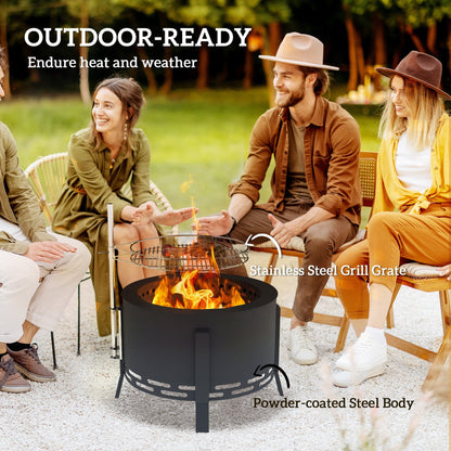 The fire pit with people sitting around it in a park setting highlighting its durability