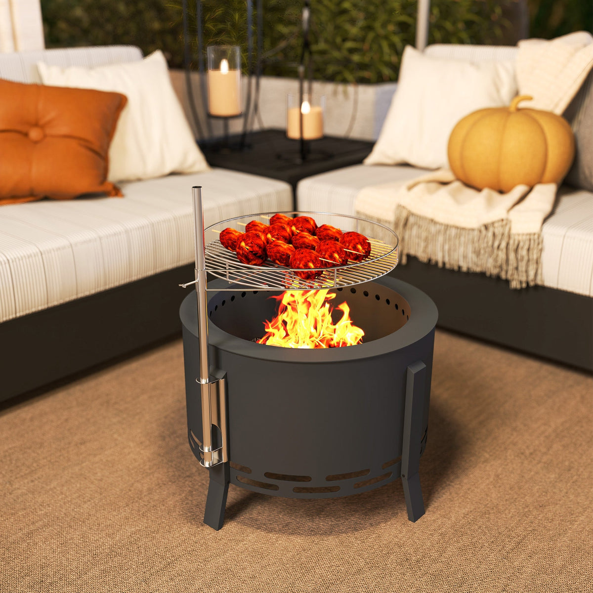The fire pit on a patio with food cooking on the grill grate and autumn decor nearby