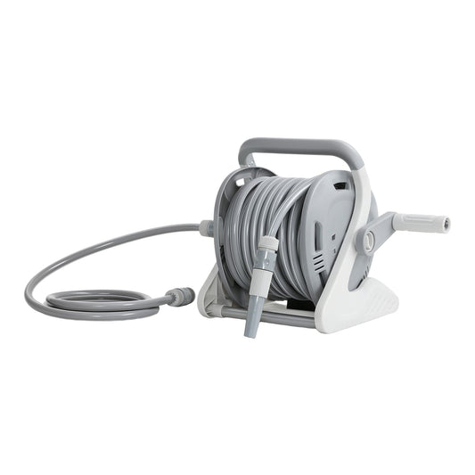Outsunny Portable Garden Hose Reel, grey and white, with hose wound around the reel and a grey handle
