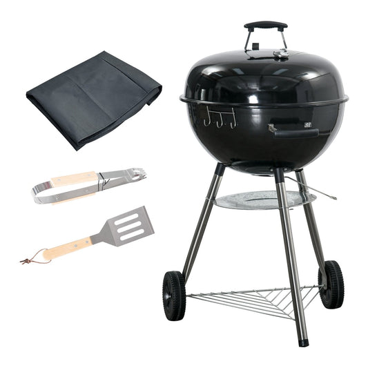 Outsunny Portable Kettle Charcoal Grill - black kettle grill with tongs and spatula on a white background