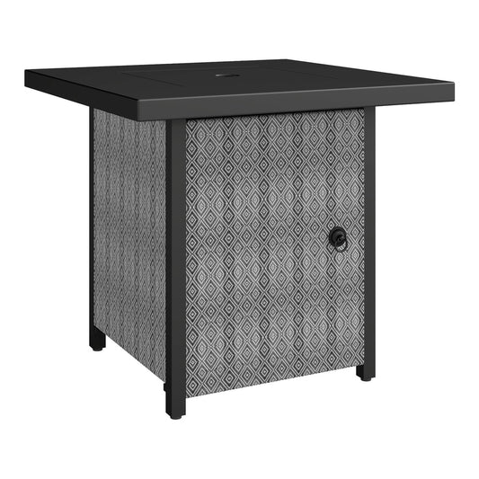 Outsunny Propane Gas Fire Pit Table, a black square table with a grey patterned base and a central fire pit