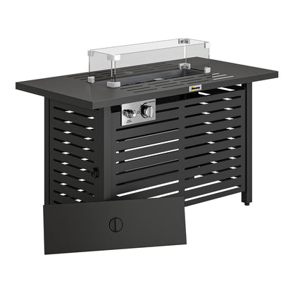 Outsunny Propane Gas Fire Pit Table with a steel tabletop and lid, showing the burner and controls