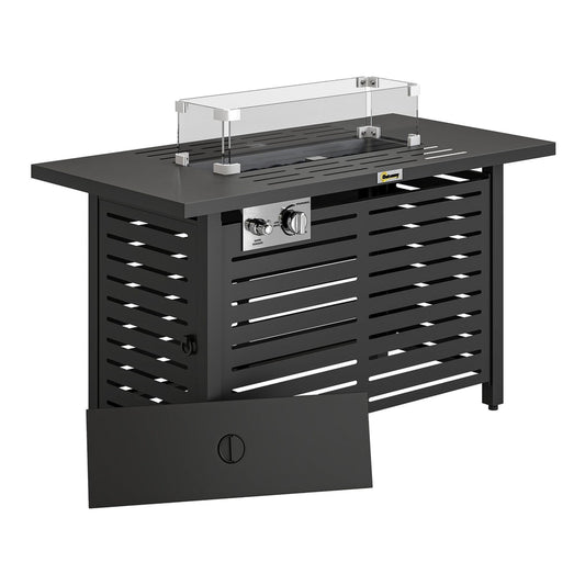 Outsunny Propane Gas Fire Pit Table with a steel tabletop and lid, showing the burner and controls