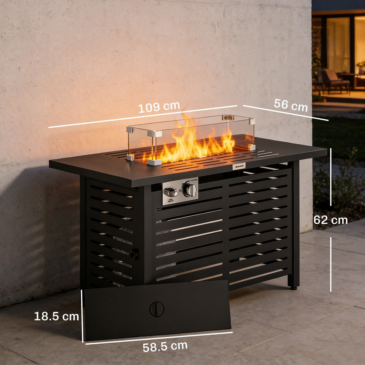 The outdoor fire pit table with dimensions shown for height, width and depth