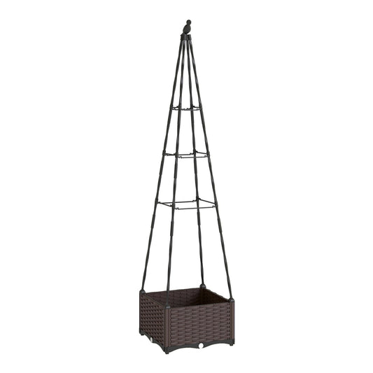 Outsunny Raised Bed with a tall black trellis and a brown woven planter box on a white background