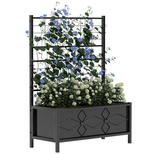 Outsunny Raised Bed for Garden with Trellis, a black galvanised planter box with a trellis and diamond pattern detail
